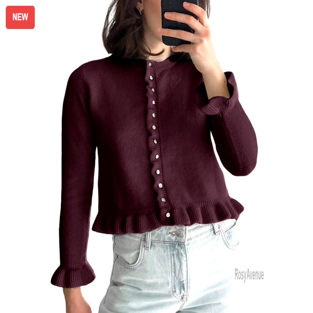 Cropped Cardigan Sweater Ruffle Crewneck Button Down Slim Fit Knit Top